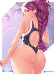  1girl alternate_costume ass ass_focus backless_outfit backless_swimsuit black_swimsuit blue_swimsuit braid breasts close-up dark-skinned_female dark_skin earrings etchimune facial_mark fire_emblem fire_emblem:_three_houses from_behind jewelry long_hair looking_back one-piece_swimsuit one-piece_thong petra_macneary ponytail purple_eyes purple_hair smile solo swimsuit thick_thighs thighs 