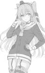  1girl amatsukaze_(kancolle) blush breasts choker eyebrows_visible_through_hair fingernails garter_straps greyscale hair_between_eyes hand_in_hair hand_on_hip highres kantai_collection long_fingernails long_hair looking_at_viewer medium_breasts mexif monochrome sailor_collar school_uniform serafuku smile solo thighhighs thighs two_side_up white_background 