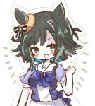  1girl animal_ears breasts commentary_request gloves green_eyes green_hair hat horse_ears horse_girl horse_tail kiseki_(miracle_author)_(umamusume) kiseki_(umamusume) large_breasts maromaro68 medium_hair open_mouth pen school_uniform shorts simple_background solo tagme tail thighs tracen_school_uniform umamusume white_background yellow_hat 