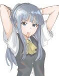  1girl adjusting_hair alternate_hairstyle bangs black_vest blue_eyes blue_hair blunt_bangs closed_mouth eyebrows_visible_through_hair gloves hair_tie_in_mouth hatsukaze_(kancolle) highres hira_(hinakomochi) kantai_collection long_hair looking_at_viewer mouth_hold one-hour_drawing_challenge ponytail shirt simple_background solo upper_body vest white_background white_gloves white_shirt yellow_neckwear 