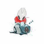  2girls arthropod_girl artist_name ben-day_dots black_eyes blue_cloak cloak closed_eyes commentary fur-trimmed_cloak fur_trim highres hightguy hollow_knight hollow_knight:_silksong hood hood_up hooded_cloak hornet_(hollow_knight) horns looking_at_another lying multiple_girls on_side own_hands_together pinstress_(hollow_knight) red_cloak screentones sleeping snow symbol-only_commentary white_background zzz 