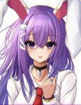  .me 1girl animal_ears bangle bangs blush bracelet bunny_hair_ornament choker commentary_request eyebrows_visible_through_hair hair_between_eyes hair_ornament jewelry lips long_hair long_sleeves looking_at_viewer necktie purple_eyes purple_hair rabbit_ears red_necktie reisen_udongein_inaba ring shirt solo touhou upper_body white_shirt 