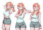  1girl alternate_hairstyle blue_eyes blush breasts cleavage closed_mouth colo_(nagrolaz) freckles glasses large_breasts looking_away low_twintails medium_hair red-framed_eyewear red_hair rita_(sweethex) shorts sweethex tank_top twintails 