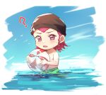  1boy ? ball bangs black_headwear blush braid child collarbone danganronpa/zero danganronpa_(series) danganronpa_2:_goodbye_despair earrings green_male_swimwear holding holding_ball jewelry looking_at_viewer male_focus medium_hair meipoi pink_eyes pink_hair sharp_teeth short_hair side_braid souda_kazuichi teeth twitter_username upper_teeth wading younger 