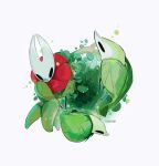  1girl artist_name ben-day_dots black_eyes cloak commentary flying from_above green_water hightguy hollow_knight hollow_knight:_silksong hornet_(hollow_knight) horns horseback_riding leaf_glider_(hollow_knight) lily_pad palestag_(hollow_knight) plant red_cloak riding screentones symbol-only_commentary water white_background 