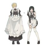  2boys absurdres apron apron_hold apron_tug black_bow black_bowtie black_dress black_hair black_ribbon black_shoes blonde_hair blush bow bowtie command_spell commentary_request crossdressing crossdressing_(mtf) dress enmaided facing_viewer fate/strange_fake fate/zero fate_(series) flat_escardos frilled_apron frilled_hairband frills full_body glaring grey_eyes hairband highres juliet_sleeves korean_commentary loafers long_sleeves looking_at_viewer maid maid_apron maid_headdress male_maid multiple_boys neck_ribbon open_mouth potato_goril puffy_sleeves ribbon shoes simple_background sleeve_cuffs sweat tearing_up thighhighs time_paradox waver_velvet white_apron white_background white_headdress white_thighhighs 