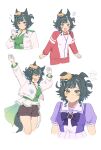  1girl animal_ears breasts commentary_request gloves green_eyes green_hair hat highres horse_ears horse_girl horse_tail kiseki_(miracle_author)_(umamusume) kiseki_(umamusume) large_breasts medium_hair multiple_views open_mouth pen school_uniform shorts simple_background tagme tail thighs tracen_school_uniform tracen_training_uniform umamusume uumama7 white_background 