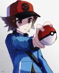  1boy baseball_cap black_shirt blue_jacket brown_eyes brown_hair commentary grey_background hat highres hilbert_(pokemon) holding holding_poke_ball jacket long_sleeves male_focus orange_headwear outstretched_arm parted_lips poke_ball poke_ball_(basic) poke_ball_print pokemon pokemon_(game) pokemon_bw shirt short_hair signature solo strap tere_asahi upper_body 