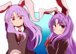  1girl animal_ears bangs blazer blouse breasts buttons clip_studio_paint_(medium) closed_mouth collared_blouse commentary_request expressionless eyebrows_visible_through_hair flat_color jacket light_purple_hair long_hair long_sleeves looking_down looking_to_the_side medium_breasts multiple_views necktie rabbit_ears red_eyes red_necktie reisen_udongein_inaba touhou upper_body white_background white_blouse yasui_nori 