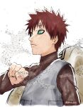  1boy closed_mouth facepaint gaara_(naruto) gourd green_eyes highres long_sleeves looking_to_the_side naruto_(series) naruto_shippuuden ninja no_eyebrows pinoko_(pnk623) red_hair red_shirt sand shirt short_hair simple_background solo white_background 