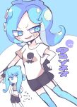  2girls black_shorts blue_background blue_eyes blue_hair blue_legwear blush hand_on_hip long_hair looking_at_another medium_hair multiple_girls navel octoling one_eye_covered open_mouth shirt shorts simple_background smile splatoon_(series) splatoon_2 splatoon_2:_octo_expansion tentacle_hair terada_tera thighhighs white_background white_shirt 