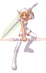  1girl archived_source blonde_hair boots bracelet commentary_request dark-skinned_female dark_skin double-blade dual_wielding elbow_gloves energy_sword gloves green_eyes holding holding_lightsaber holding_sword holding_weapon jewelry knee_boots lightsaber looking_at_viewer magi original parted_hair phantasy_star phantasy_star_online pointy_ears shirt short_hair shorts simple_background single_glove sleeveless sleeveless_shirt solo squatting sword sword_behind_back tan thighhighs weapon white_background white_footwear white_gloves white_legwear white_shirt white_shorts 