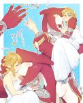  1boy 1girl alternate_costume bare_arms bare_shoulders blonde_hair blue_background blush border bracelet braid carrying colored_skin dress earrings emoji genderswap genderswap_(mtf) highres husband_and_wife jewelry kiss link long_dress looking_at_another multiple_views pointy_ears red_skin ring short_hair sidon smile the_legend_of_zelda the_legend_of_zelda:_breath_of_the_wild translation_request ttanuu. veil wedding wedding_dress white_border white_dress wrist_cuffs yellow_eyes yellow_nails 