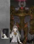  1boy 1girl cape commentary cowboy_shot digimon digimon_(creature) digimon_story:_time_stranger feathered_cape feathered_wings glowing glowing_eyes gold gold_helmet grey_eyes grey_hair grey_shirt grey_skirt halo helmet highres jacket jupitermon long_hair misono_inori mnmars_art pleated_skirt red_eyes red_halo screenshot_inset shirt skirt white_cape white_jacket white_wings winged_helmet wings 
