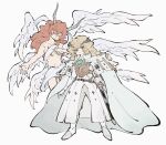  2boys angel_wings armor blonde_hair brown_hair cape closed_eyes coat commentary_request company_connection convenient_censoring crossover demon_(megami_tensei) floating foxylia324324 gloves green_eyes highres holding holding_sword holding_weapon horns long_hair looking_at_viewer louis_(metaphor:_refantazio) lucifer_(megami_tensei) male_focus metaphor:_refantazio multiple_boys multiple_wings nude outstretched_arm ribbon seraph_wings shin_megami_tensei simple_background sword weapon white_background white_cape white_coat white_gloves white_ribbon wings 