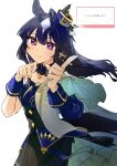  1girl animal_ears asymmetrical_clothes asymmetrical_jacket black_skirt blue_hair blue_shirt blush breasts commentary_request ear_covers ears_through_headwear hair_between_eyes highres horse_ears horse_girl jacket long_hair looking_at_viewer marshmallow_(site) mole mole_under_eye parted_lips purple_eyes shirt simple_background single_ear_cover skirt smile solo tail tetra_(ktet4_illu) umamusume verxina_(le_beau_sommet)_(umamusume) verxina_(umamusume) white_jacket 