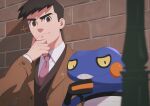  1boy bangs blurry brick_wall brown_coat brown_hair brown_jacket buttons chin_stroking closed_mouth coat collared_shirt commentary_request croagunk hand_up highres jacket long_sleeves looker_(pokemon) looking_at_viewer male_focus necktie pokemon pokemon_(creature) pokemon_(game) pokemon_dppt purple_necktie ruinai shirt short_hair smile sparkle upper_body white_shirt 