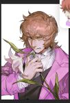  1boy aquiline_nose art_program_in_frame black_vest brown_hair classicaloid frederic_chopin_(classicaloid) green_eyes grimace highres jacket long_sleeves looking_ahead male_focus messy_hair nose octahooves purple_jacket reference_inset shirt short_hair tears vest white_background white_lily white_shirt 
