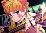  1boy absurdres agatsuma_zenitsu bad_id bad_pixiv_id black_background blonde_hair blush_stickers brown_eyes character_name crossdressing crying hair_ribbon highres instrument japanese_clothes kimetsu_no_yaiba kimono lens_flare moomin0906 music patterned_clothing playing_instrument print_kimono ribbon shamisen snot solo tears thick_eyebrows triangle_print yellow_kimono 