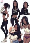  2girls bangs belt black_bra black_hair bra breasts character_name closed_eyes closed_mouth clothes_writing collarbone colo_(nagrolaz) copyright_name crop_top dark-skinned_female dark_skin drinking glasses hug juleen_(sweethex) large_breasts long_hair looking_at_viewer looking_to_the_side multiple_girls navel parted_bangs ponytail red_hair rita_(sweethex) shoes smile sports_bra sweethex underwear white_background yellow_eyes 
