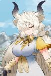  1girl adeshi_(adeshi0693119) animal_ears black_horns breasts brown_eyes brown_ribbon closed_mouth day dress extra_ears eyelashes gloves grey_horns hair_between_eyes hair_over_one_eye half-closed_eye highres horns kemono_friends kemono_friends_3 large_breasts long_hair looking_at_viewer mountainous_horizon multicolored_horns neck_ribbon outdoors ox_ears ox_girl ox_horns ribbon seductive_smile shirt short_sleeves sidelocks smile solo twintails underbust upper_body very_long_hair white_dress yak_(kemono_friends) yellow_shirt 