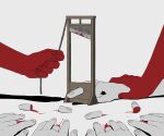  absurdres avogado6 blood blood_splatter commentary cut_finger fingernails guillotine guro highres holding holding_rope middle_finger original rope simple_background symbolism white_background 