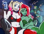  1boy 2girls alcohol bangs beer blonde_hair blue_eyes blushy-pixy bodysuit breasts cellphone cleavage colored_skin commentary crop_top dc_comics english_commentary eye_mask eyeliner eyeshadow falling fingernails green_eyes green_lips green_skin grin hand_on_shoulder harley_quinn kite_man leaning_on_person leaning_to_the_side leggings lips looking_at_viewer makeup mask medium_breasts multicolored_hair multiple_girls nail_polish navel pale_skin parted_bangs phone poison_ivy raised_eyebrows red_hair red_lips smile speech_bubble spread_legs tank_top tripping white_skin 