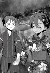  1boy 1girl ahoge black_hair blush chocolate-covered_food chocolate_banana closed_eyes commentary english_commentary floral_print floral_print_kimono food-themed_hair_ornament hair_ornament hand_grab highres japanese_clothes jinbei_(clothes) kimono lemon_hair_ornament looking_at_hand make_heroine_ga_oo_sugiru! market_stall monochrome nukumizu_kazuhiko obsidian_chest open_mouth print_kimono short_hair striped_clothes summer_festival yakishio_lemon yukata 