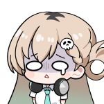  1girl aqua_necktie blonde_hair commentary gradient_hair hair_ornament headphones headphones_around_neck long_hair lynae_(wuthering_waves) multicolored_hair necktie shirt simple_background skull_hair_ornament solid_oval_eyes solo sticker_(medium) teardrop triangle_mouth twomoon upper_body white_background white_shirt wuthering_waves 