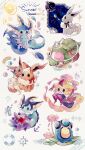  alternate_color bottle closed_mouth coco7 commentary cork eevee flower heart innertube jirachi lily_pad palpitoad petals pink_flower pokemon pokemon_(creature) ribbon shiny_pokemon starfish starmie torterra vaporeon water water_drop white_ribbon 