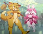  2girls arm_wrap avatar_(ragnarok_online) bangs barefoot bell belt black_belt black_panties blonde_hair blush body_fur bottomless breasts chaopyon_(sanjiro) cleavage commentary_request commission convention cosplay eyebrows_visible_through_hair fang flame_print fox_girl fox_hat full_body furrification furry furry_female halter_top halterneck highres holding holding_staff indoors leg_wrap long_hair looking_at_another medium_breasts moonlight_flower multiple_girls official_alternate_costume open_mouth original panties people pink_eyes pink_fur pink_hair rabbit_girl ragnarok_online sanjiro_(tenshin_anman) second-party_source shirt short_hair skeb_commission sleeveless sleeveless_shirt small_breasts staff standing sura_(ragnarok_online) textless thick_thighs thighs two-tone_fur underwear white_shirt yellow_fur 
