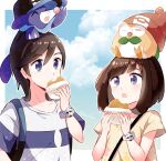  1boy 1girl :o bangs baseball_cap blue_eyes border bracelet brown_hair bubble closed_mouth cloud collarbone commentary_request eating elio_(pokemon) eyebrows_visible_through_hair eyelashes food food_on_face hand_up hat hatted_pokemon highres holding jewelry malasada on_head open_mouth outside_border pokemon pokemon_(creature) pokemon_(game) pokemon_on_head pokemon_sm popplio rowlet selene_(pokemon) shirt short_sleeves sky sleeping striped striped_shirt t-shirt tere_asahi tongue white_border yellow_shirt z-ring 