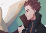  1boy black_cape brown_eyes cape closed_mouth commentary_request dragonite floating_cape grey_jacket hand_up highres jacket lance_(pokemon) male_focus pokemon pokemon_(creature) pokemon_(game) pokemon_hgss popped_collar red_hair ruinai short_hair spiked_hair turtleneck turtleneck_jacket upper_body 