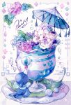  alcremie balancing_ball ball bow closed_eyes coco7 commentary cup flower framed in_container in_cup leaf liquid looking_down no_humans petals pokemon pokemon_(creature) popplio purple_bow saucer umbrella 