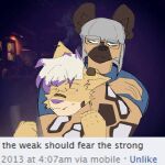 absurd_res african_wild_dog anthro azimuthium band-aid band-aid_on_ear band-aid_on_face band-aid_on_nose bandage bandage_on_face bandage_on_nose blue_clothing blue_eyes blush blush_lines bob_cut brown_body brown_fur canid canine canis chihuahua chokehold clothing domestic_dog duo ear_piercing english_text eyes_closed eyewear female fur glasses grey_hair hair hi_res male mammal meme multicolored_body multicolored_hair piercing sketch social_media spiritu_nogales tan_body text toy_dog traced veronica_(azimuthium) white_body white_fur white_hair