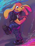 ambiguous_gender anthro band_shirt belt blue_eyes boots bottomwear clothed clothing dancing denim denim_bottomwear denim_clothing digital_media_(artwork) domestic_rabbit footwear hi_res jeans lagomorph leather leather_boots leather_clothing leather_footwear leporid lgbt_pride loose_necktie lop_rabbit mammal necktie nonbinary_(lore) nonbinary_pride_colors oryctolagus pants pride_colors print_clothing print_shirt print_t-shirt print_topwear rabbit ray_karr ray_karr_bunny_(ray_karr) shirt shoes simple_background ska skanking smile solo standing t-shirt tongue tongue_out topwear