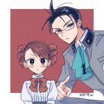  1boy 1girl absurdres artist_name ascot black_eyes black_hair blazer blue_ascot bow brown_eyes brown_hair drill_hair glasses grey_jacket hair_behind_ear hair_between_eyes highres jacket kirijou_mitsuru meino_(usmtw) nanjou_kei persona persona_1 persona_3 pointing pointing_at_viewer red_bow school_uniform st._hermelin_school_uniform twin_drills younger 