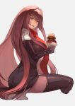  1girl armor ass bangs bodysuit breasts cjyoung cup fate/grand_order fate_(series) food hair_between_eyes highres ice_cream large_breasts long_hair looking_at_viewer open_mouth pauldrons purple_bodysuit purple_hair red_eyes scathach_(fate) shoulder_armor sitting solo thighs 