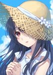  1girl alternate_costume bangs black_hair blush cloud day dress flower fusou_(kancolle) hat hat_flower hat_over_one_eye kantai_collection long_hair looking_at_viewer mitsuyo_(mituyo324) one_eye_covered outdoors own_hands_clasped own_hands_together parted_lips red_eyes sky solo sun_hat upper_body white_dress white_flower 