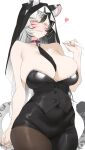  1girl :3 absurdres asymmetrical_clothes bell between_breasts black_hair black_necktie black_pants black_vest breasts brown_pantyhose byeon_dha character_request choker colored_eyelashes come_hither commission copyright_request cowboy_shot curvy ears_through_headwear facial_mark fangs half-closed_eyes heart heterochromia highres large_breasts long_hair looking_at_viewer multicolored_hair neck_bell necktie necktie_between_breasts nun original pants pantyhose pink_eyes pink_nails purple_choker simple_background single_pantsleg snow_leopard_ears snow_leopard_girl snow_leopard_tail solo split-color_hair spotted_tail strapless veil very_long_hair vest virtual_youtuber whisker_markings white_background white_eyelashes white_hair yellow_eyes 