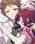  1boy 1girl absurdres apron bandaged_arm bandages bangs blush brown_eyes brown_hair closed_eyes collared_shirt commentary danganronpa_(series) danganronpa_2:_goodbye_despair frown green_eyes green_necktie heterochromia highres hinata_hajime hug long_hair lying mole mole_under_eye necktie nekoma_hikaru on_back on_bed on_person open_mouth pink_shirt pointy_nose puffy_short_sleeves puffy_sleeves red_eyes shirt short_sleeves sleeping sweat tsumiki_mikan white_shirt 