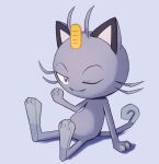  alolan_meowth arm_support closed_mouth commentary_request fangs fangs_out full_body grey_background grey_eyes highres looking_at_viewer no_humans one_eye_closed pokemon pokemon_(creature) ruinai sitting smile solo toes 