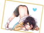  1boy arm_rest black_hair blue_eyes butt_crack flexible full_body hands_on_ground ichinose_sora jack-o&#039;_challenge looking_at_viewer mahjong_soul male_focus meme pose solo spread_legs stretch top-down_bottom-up wataokashi wide_spread_legs 