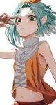  1girl absurdres armpits bare_shoulders bob_cut breasts closed_mouth cokei commentary cropped_shirt floating_hair from_side green_eyes green_hair hand_up hat highres hikimayu light_blush looking_at_viewer looking_to_the_side midriff monogatari_(series) nademonogatari navel ononoki_yotsugi orange_hat orange_shirt parted_bangs red_skirt shirt short_eyebrows short_hair simple_background skirt sleeveless sleeveless_shirt small_breasts solo thick_eyebrows upper_body v v_over_eye white_background wind 