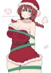  arm_behind_back bare_arms bare_shoulders blue_eyes blush bound braid braided_twintails breasts brown_hair cleavage commentary_request covered_navel cowboy_shot curvy double-parted_bangs dress embarrassed emma_verde freckles fur-trimmed_dress fur_trim hat highres kooei large_breasts long_hair love_live! love_live!_nijigasaki_high_school_idol_club low_twin_braids low_twintails microdress narrow_waist nervous_sweating red_hat request_inset ribbon ribbon_bondage santa_costume santa_dress santa_hat simple_background skindentation strapless strapless_dress sweat thick_thighs thighs translation_request twin_braids twintails white_background wide_hips 