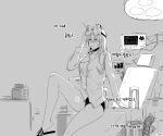  1girl animal_ears blush cat_ears chair extra_ears girls&#039;_frontline greyscale highres huqu korean_text long_sleeves monochrome parted_lips persica_(girls&#039;_frontline) pussy_juice shirt sitting slippers solo translation_request 