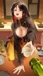  1girl absurdres ahoge alcohol black_dress black_hair blush bonsai bowl breasts china_dress chinese_clothes chopsticks cleavage colored_inner_hair cup dress drunk earrings goddess_of_victory:_nikke highres holding holding_cup jewelry large_breasts long_hair long_sleeves looking_at_viewer moran_(nikke) multicolored_hair open_mouth plate rakaieye red_eyes red_hair rice sidelocks smile solo teeth tree upper_teeth_only yellow_dress 