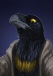 2021 avian beak bird clothed clothing digital_media_(artwork) grey_beak rhaenjarr simple_background yellow_eyes 