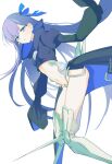  1girl absurdres armor armored_boots artist_name black_jacket blue_bow blue_eyes blue_jacket boots bow breasts closed_mouth commentary_request cowboy_shot crop_top crotch_plate cuisses fate/grand_order fate_(series) floating_clothes floating_hair hair_between_eyes hair_bow hand_up highres jacket long_hair long_sleeves looking_at_viewer medium_breasts meltryllis_(fate) navel puffy_long_sleeves puffy_sleeves purple_hair simple_background solo standing two-sided_fabric two-sided_jacket wavy_hair white_armor white_background yaajjjjjp 
