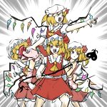  4girls ascot blonde_hair collared_shirt crystal eyebrows_visible_through_hair flandre_scarlet four_of_a_kind_(touhou) frilled_shirt_collar frills hair_between_eyes hat hat_ribbon highres laevatein_(touhou) mob_cap multiple_girls open_mouth peroponesosu. pointing red_eyes red_skirt red_vest ribbon sharp_teeth shirt short_hair short_sleeves side_ponytail simple_background skirt slit_pupils socks teeth touhou vest white_background white_shirt wings 